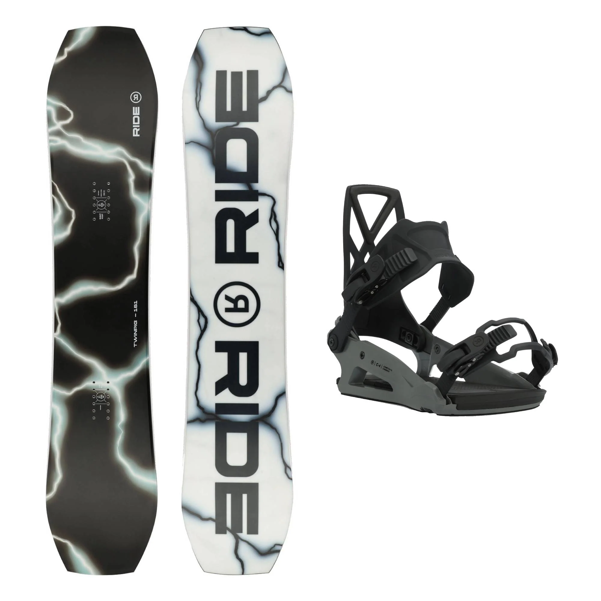 Ride Twinpig Snowboard and Ride C-4 Bindings 2025